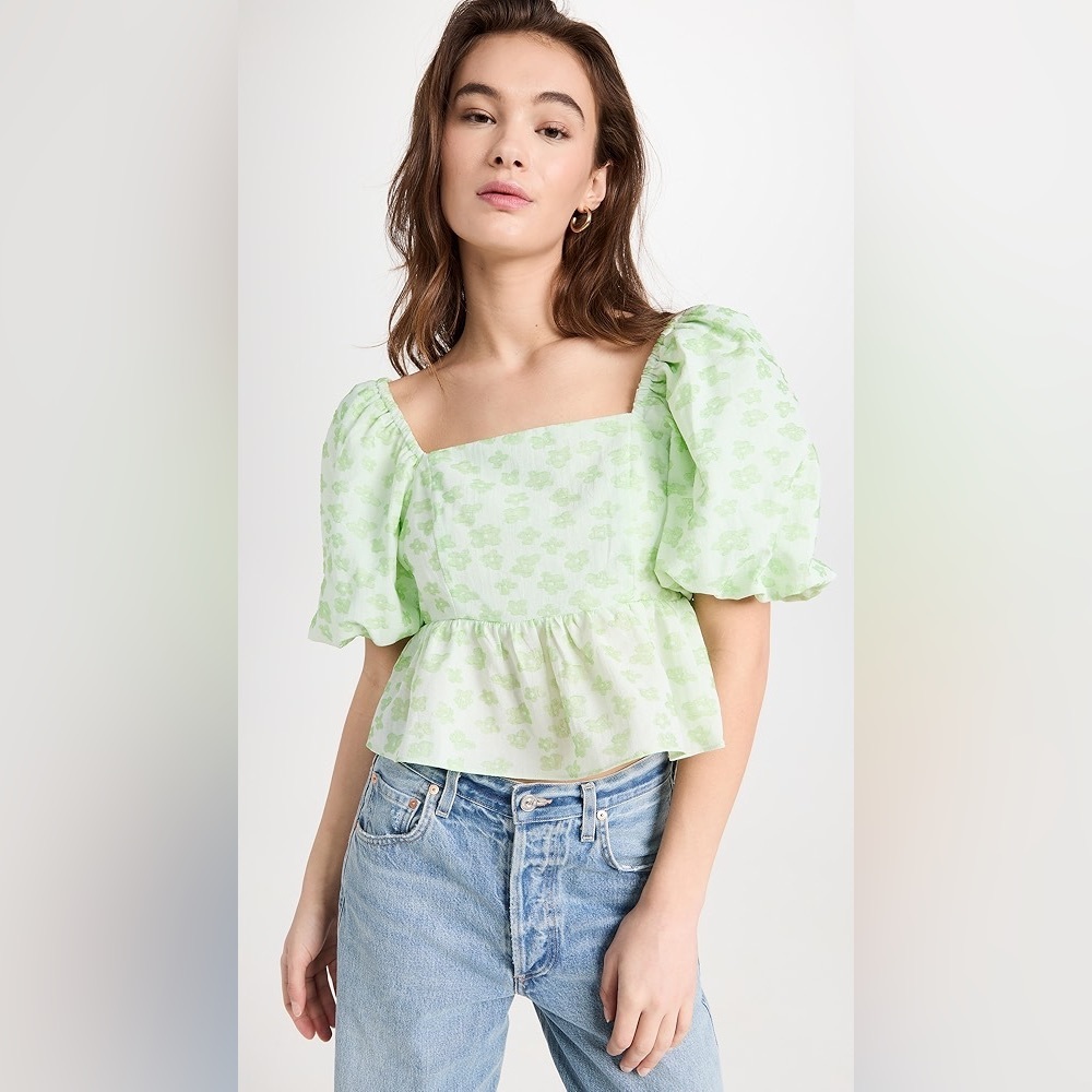 English Factory Floral Open-Back Blouse in Light Green size Small